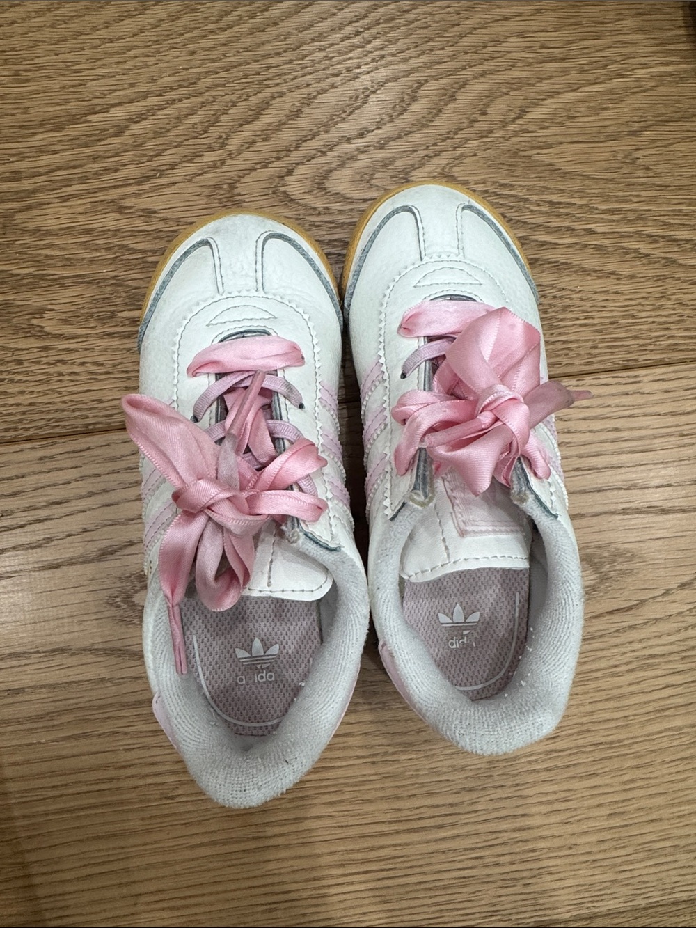 adidas White Sneakers with Pink Satin Laces